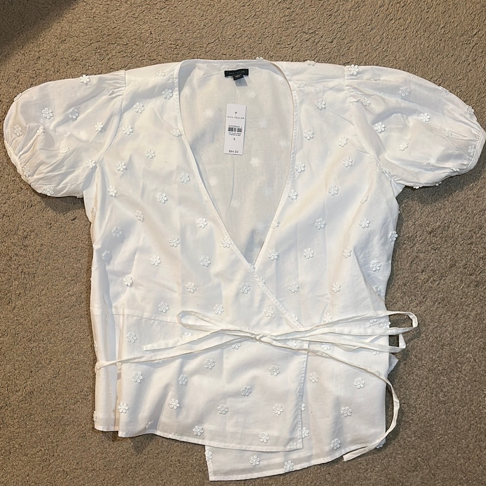 Ann Taylor White Puff Sleeve Wrap Blouse